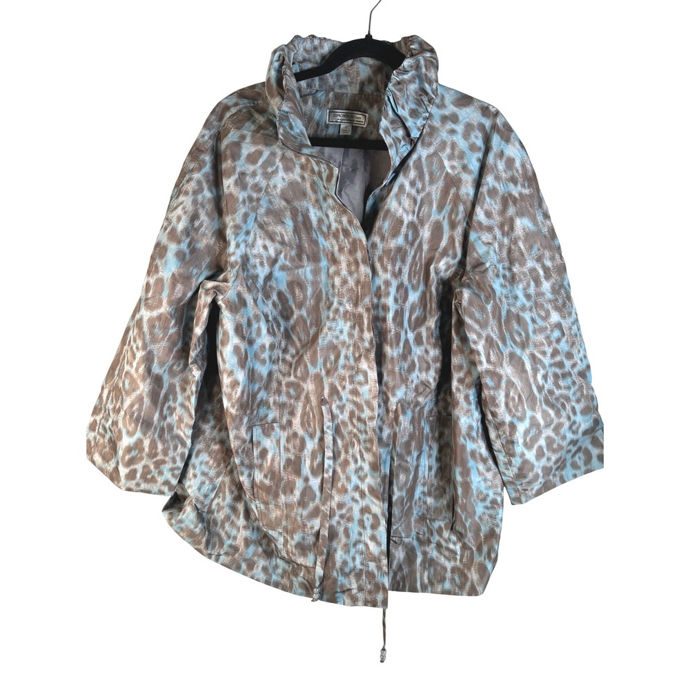 Simonton Says Womens Blue Brown Leopard Print Ruffle Neck Jacket Size 1X